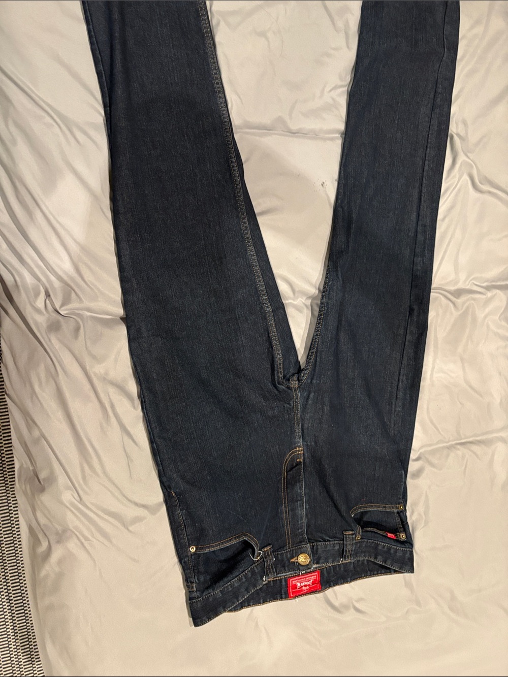 Dark Wash Straight Leg Jeans with Red Tag